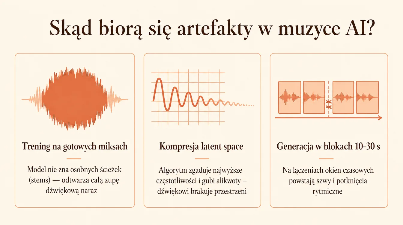 Infografika: trzy źródła artefaktów w muzyce AI — trening na miksach zamiast stems, stratna kompresja latent space i szwy między blokami generacji