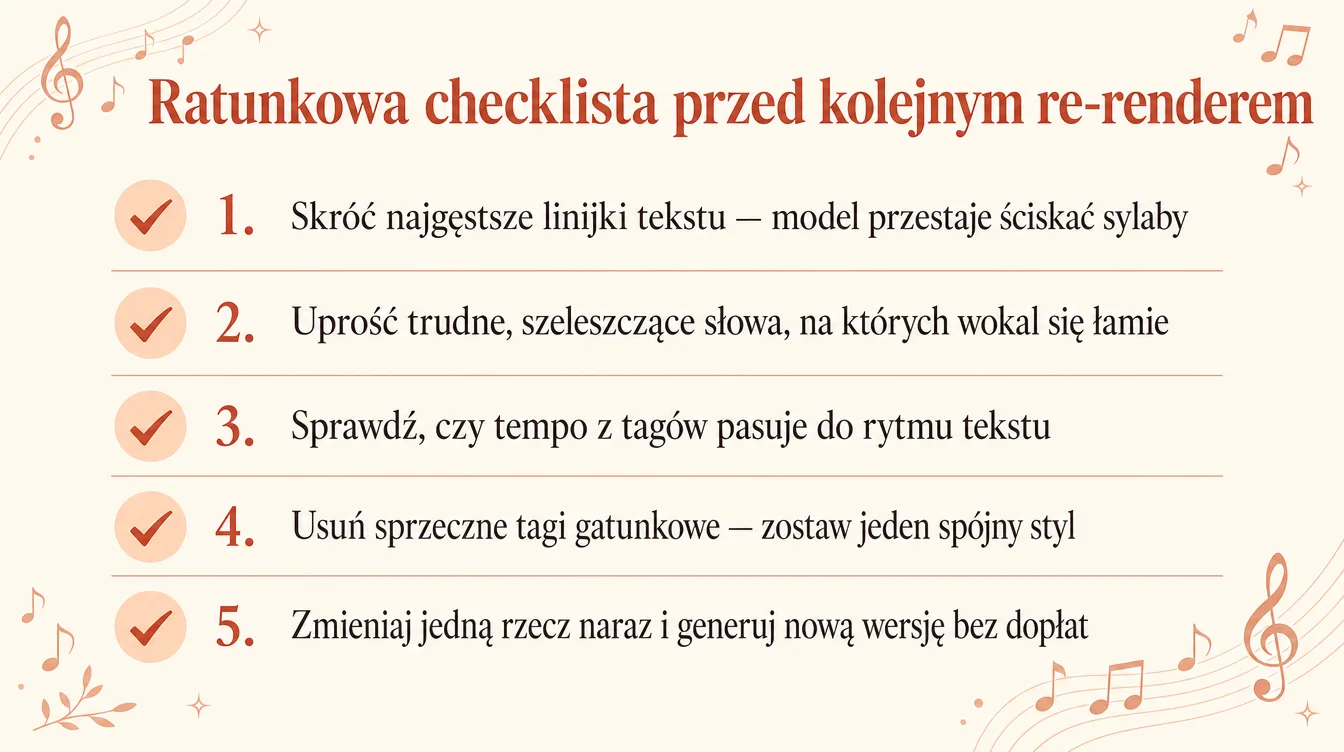 Infografika: pięciopunktowa checklista poprawek przed ponownym wygenerowaniem piosenki AI — krótszy tekst, prostsze słowa, tempo, spójne tagi, jedna zmiana naraz