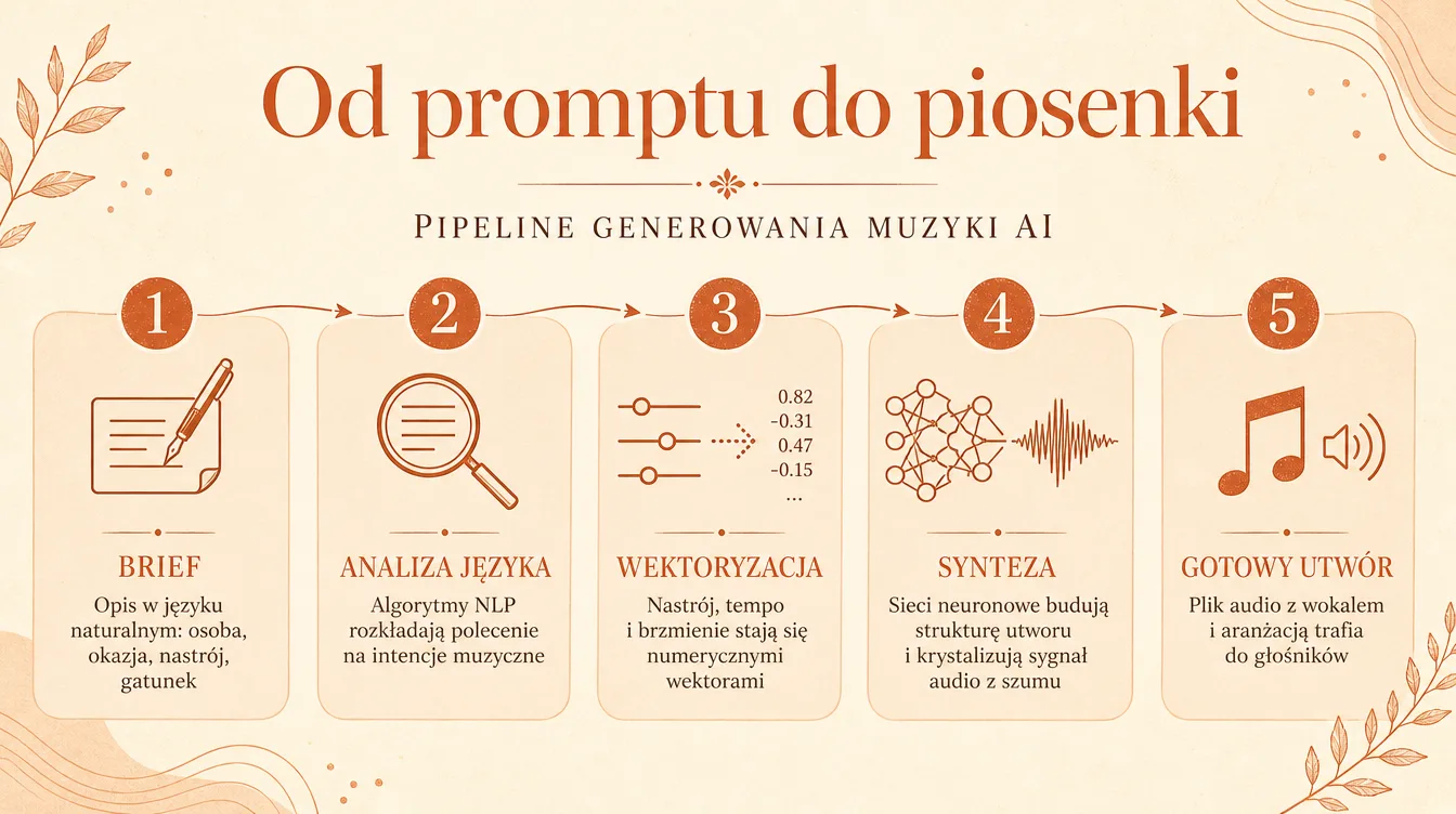 Infografika: 5 etapów generowania muzyki przez AI — od briefu, przez analizę języka i wektoryzację, po syntezę i gotowy utwór