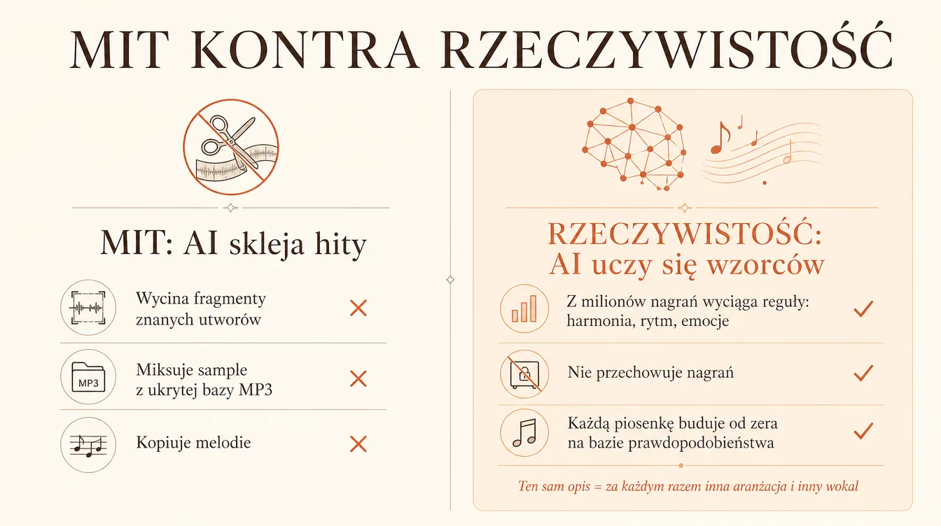 Infografika: mit kontra rzeczywistość — AI nie skleja fragmentów hitów, lecz uczy się wzorców i tworzy każdy utwór od zera